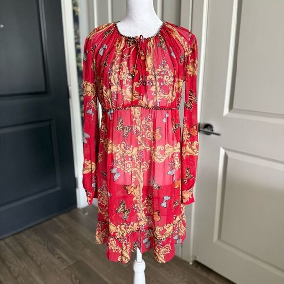 The Kooples 100% Silk Red Royal Butterfly Ruffle Dress Size XS - Picture 1 of 8